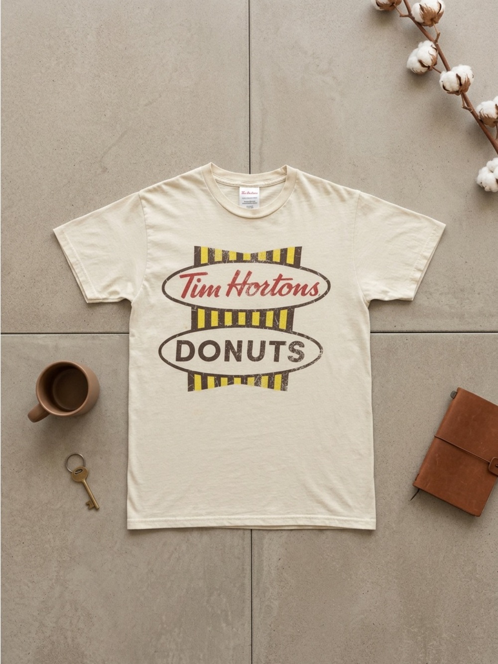 Tim Hortons Vintage Retro Sign Graphic T-Shirt Beige Cream Cotton Men Size Small